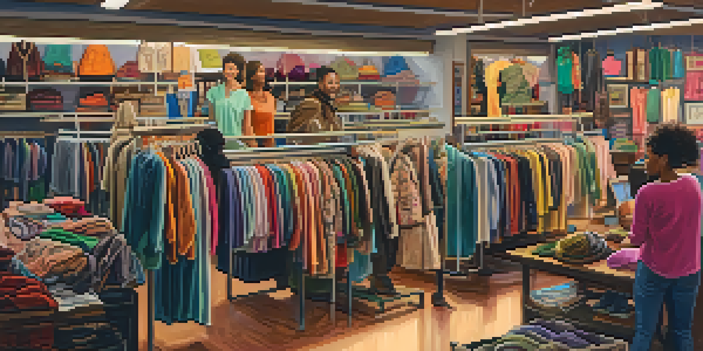 A lively thrift shop with diverse shoppers exploring colorful second-hand clothing.