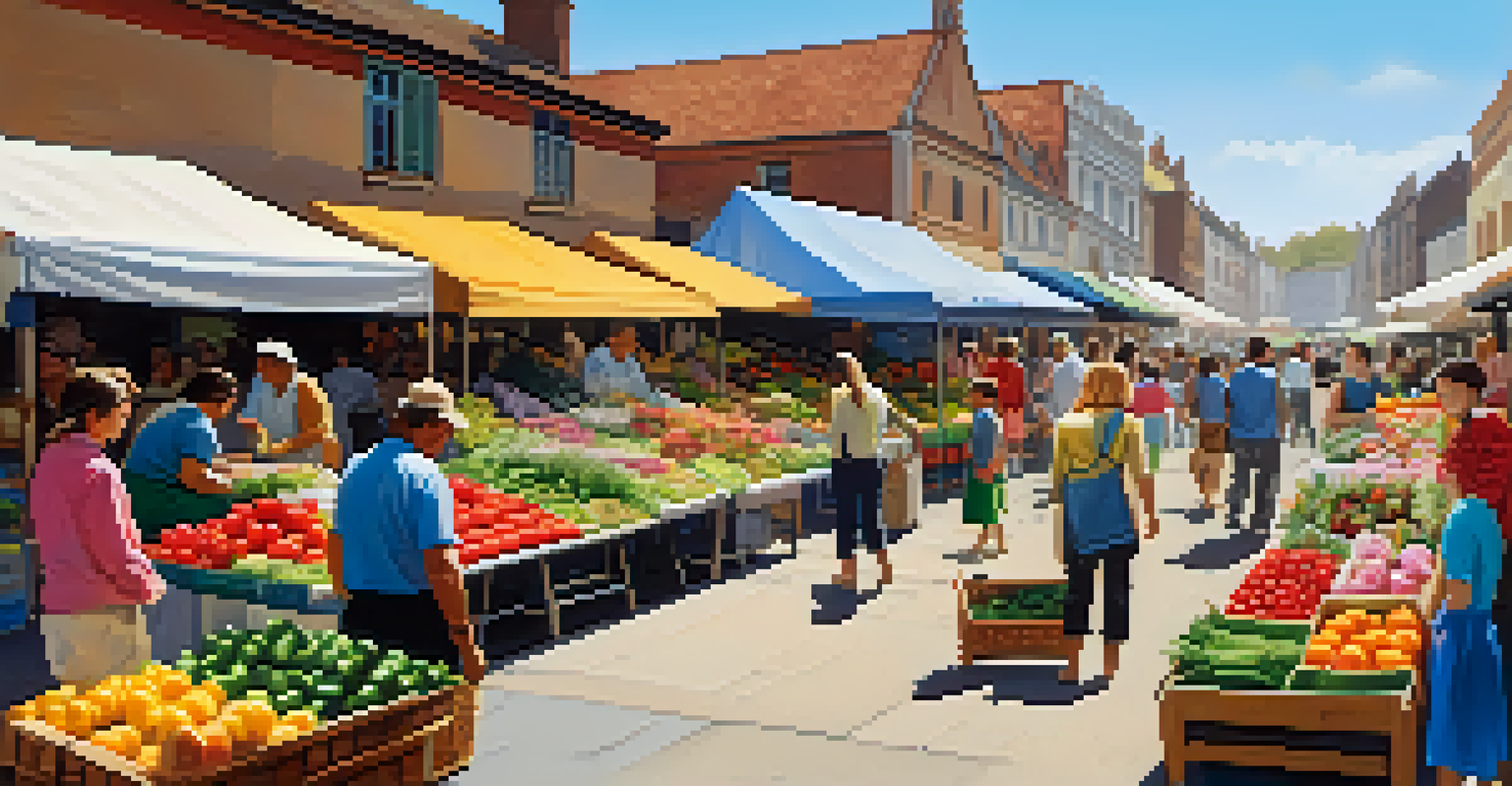 A bustling outdoor market with colorful stalls and shoppers enjoying a sunny day.