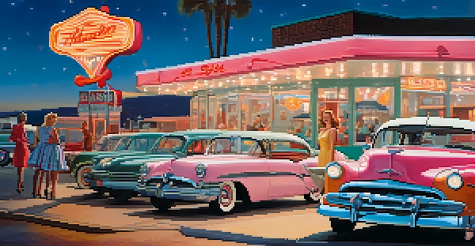 A young woman in a polka dot dress stands outside a retro diner, with classic cars and neon signs in the background, in a vibrant 1950s fashion scene.