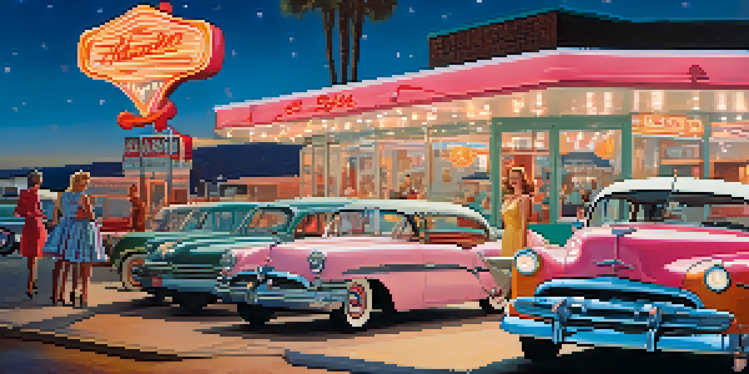 A young woman in a polka dot dress stands outside a retro diner, with classic cars and neon signs in the background, in a vibrant 1950s fashion scene.