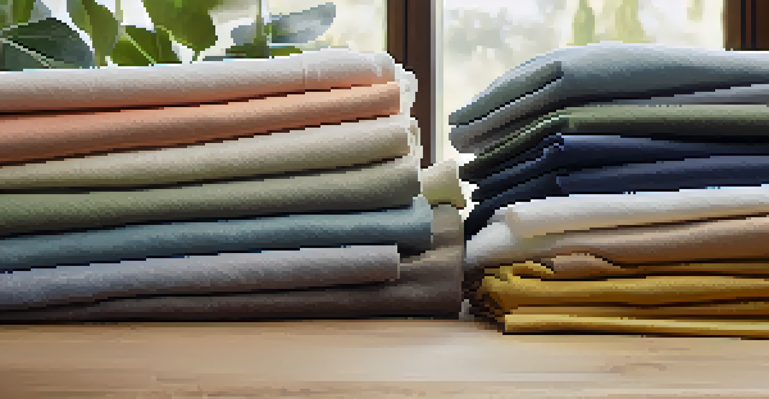 A detailed view of various eco-friendly fabrics like organic cotton and Tencel, arranged on a wooden table with plants in the background.