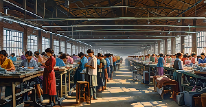 A busy garment factory showing workers at sewing machines in a dimly lit room with dusty windows and colorful fabric rolls.