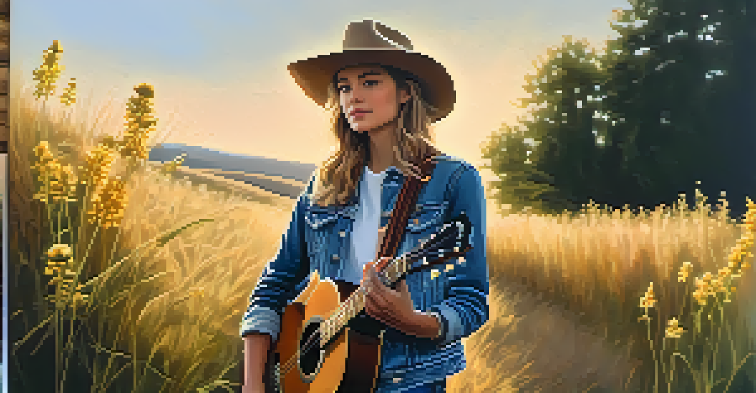 A young country artist wearing a denim jacket and a wide-brimmed hat, standing with an acoustic guitar in a golden hour outdoor setting.