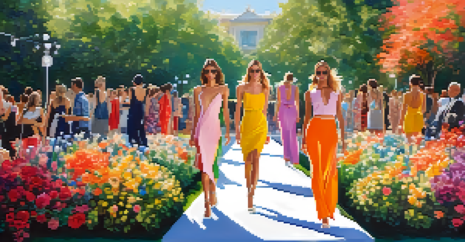 Models showcase collaborative fashion designs at an outdoor runway event in a park, surrounded by flowers and an engaged audience.