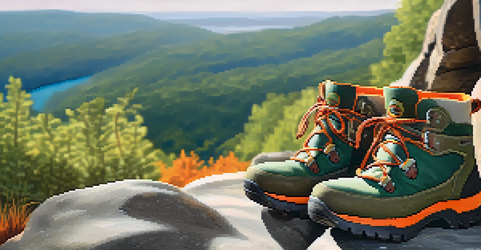 Chic olive green mid-calf hiking boots on a rocky trail surrounded by green foliage and filtered sunlight.