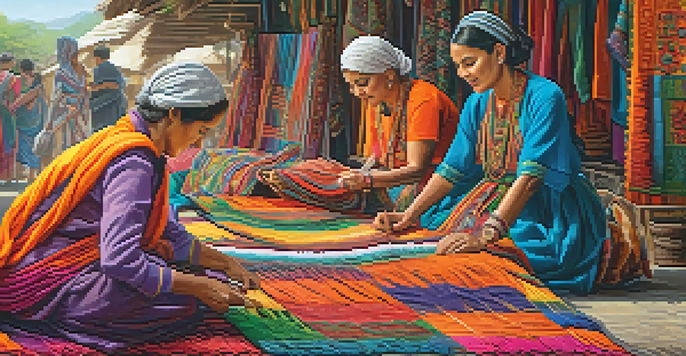 A bustling marketplace with artisans weaving and embroidering traditional garments under bright natural light.