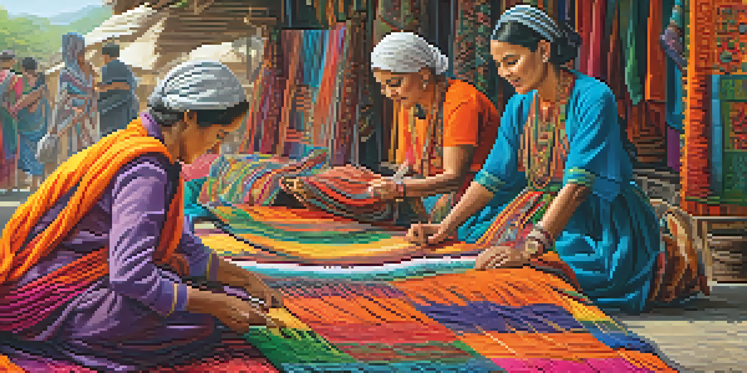 A bustling marketplace with artisans weaving and embroidering traditional garments under bright natural light.