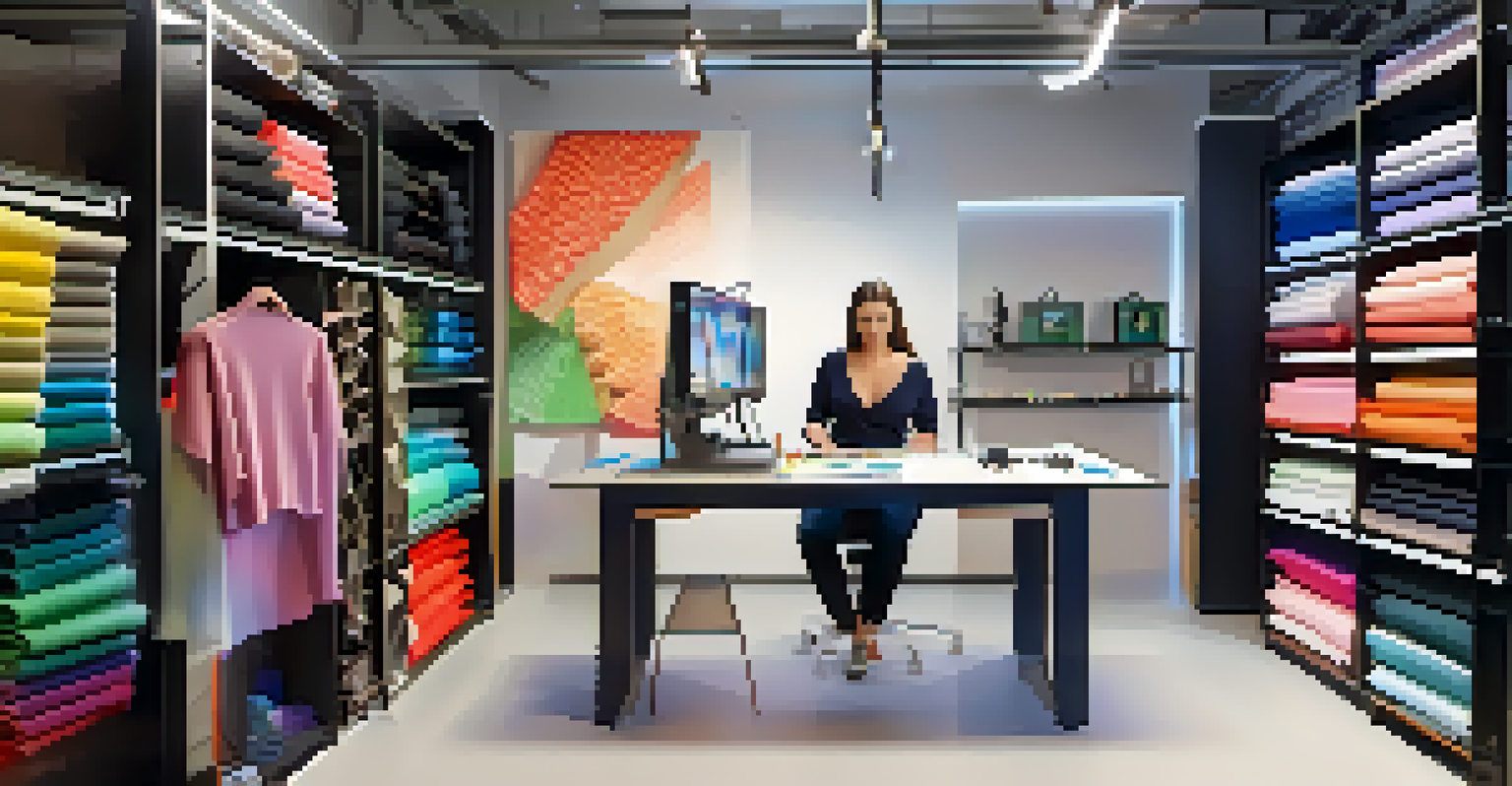A fashion designer utilizing 3D printing technology in a modern studio filled with colorful fabric swatches.