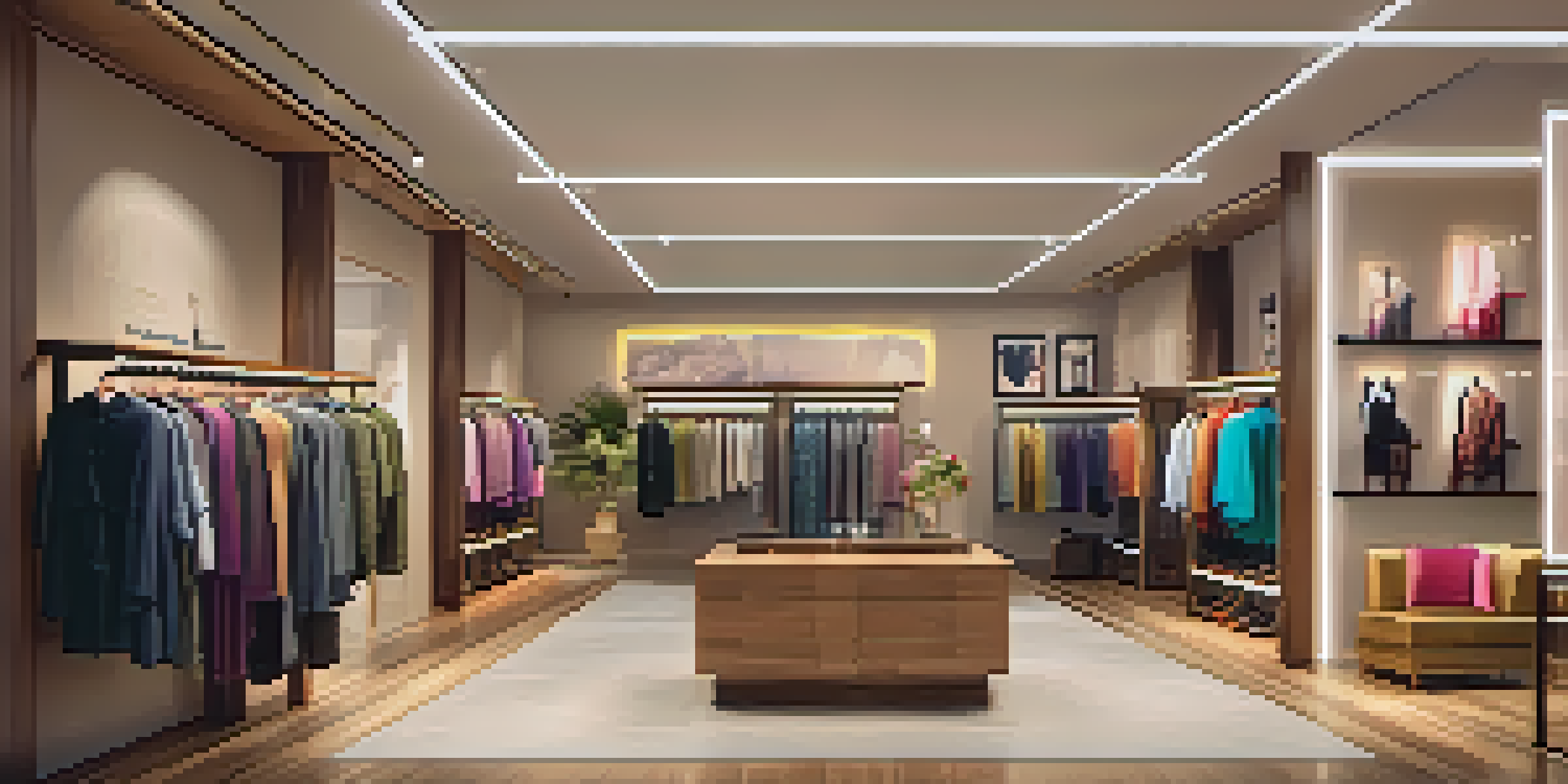 A vibrant fashion boutique interior with personalized clothing racks and warm lighting, featuring unique outfits tailored to individual styles.