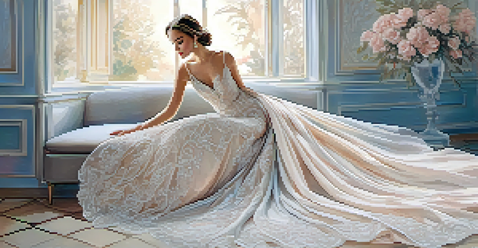 A beautifully illustrated fashion model wearing a flowing gown with lace patterns, set against a pastel background in a dreamy style.