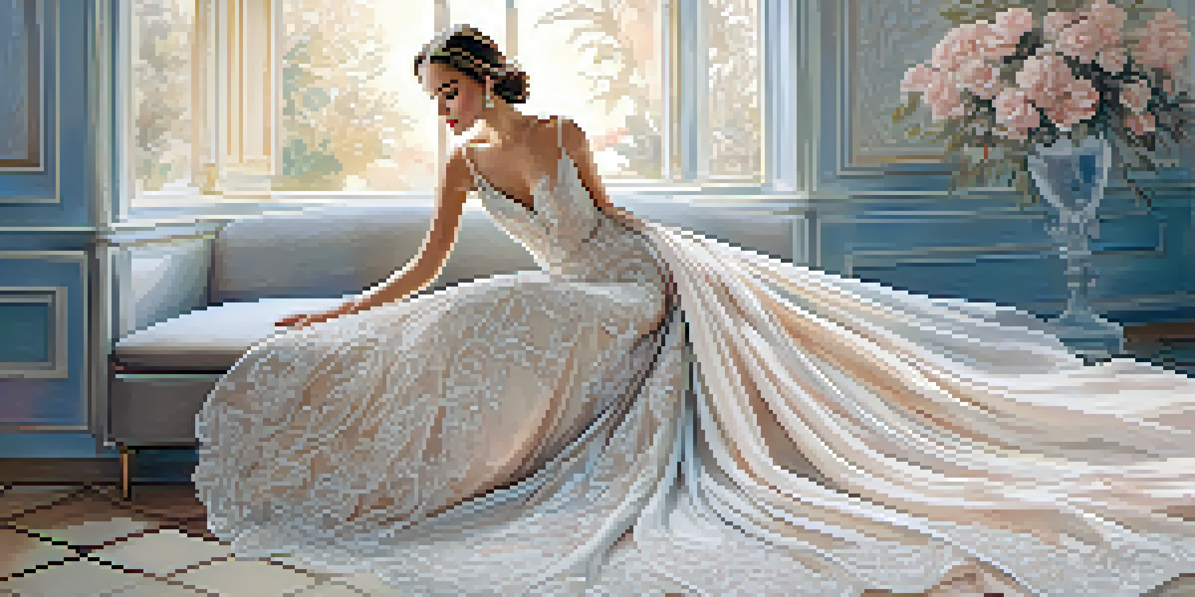 A beautifully illustrated fashion model wearing a flowing gown with lace patterns, set against a pastel background in a dreamy style.