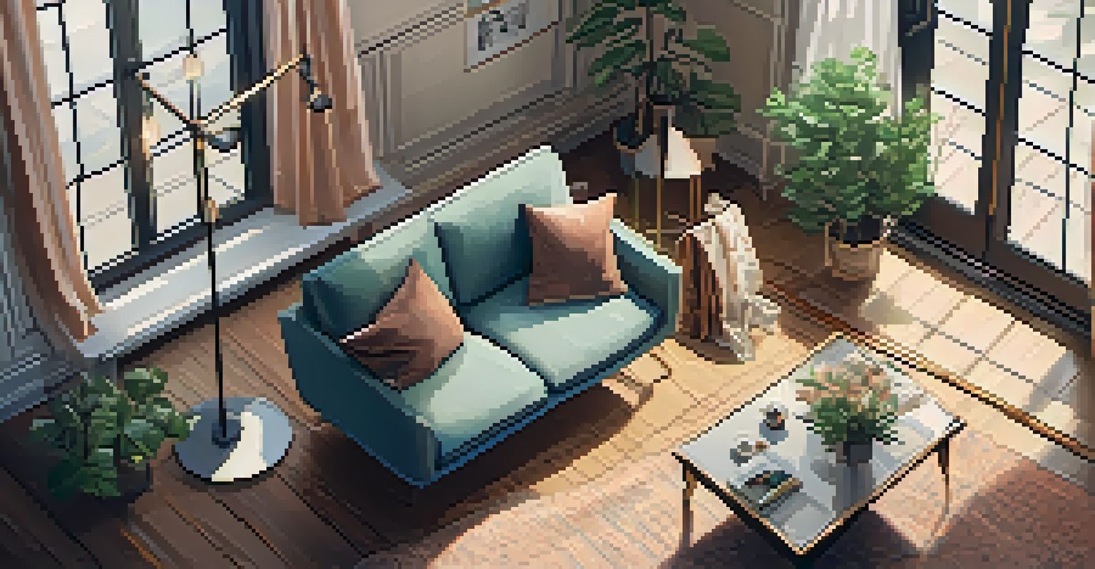 An overhead view of a cozy living room with a clothing rack of versatile outfits, a sofa, and a coffee table, bathed in natural light.