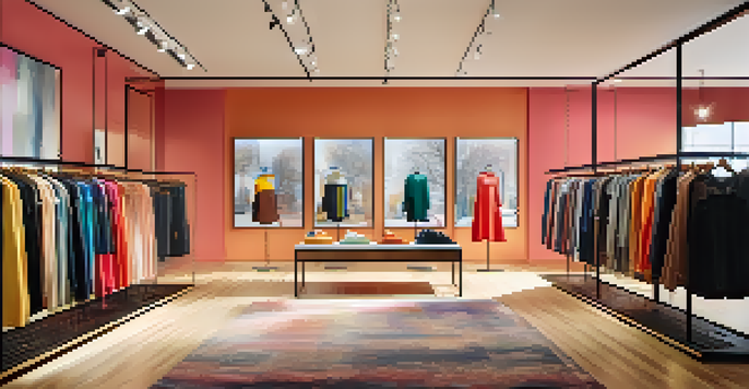 A modern fashion retail store with colorful clothing displays and natural lighting, featuring mannequins and a minimalist decor.