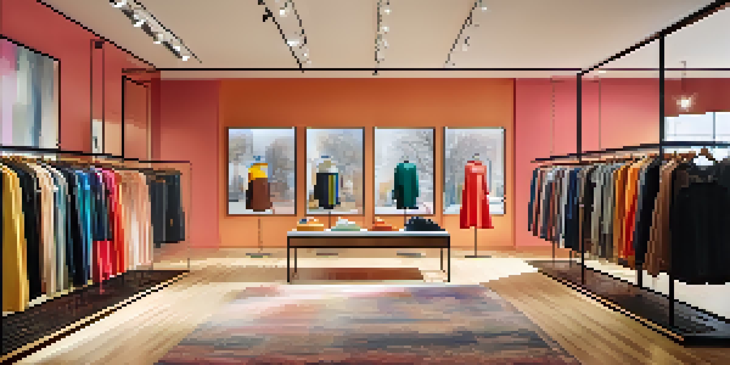 A modern fashion retail store with colorful clothing displays and natural lighting, featuring mannequins and a minimalist decor.