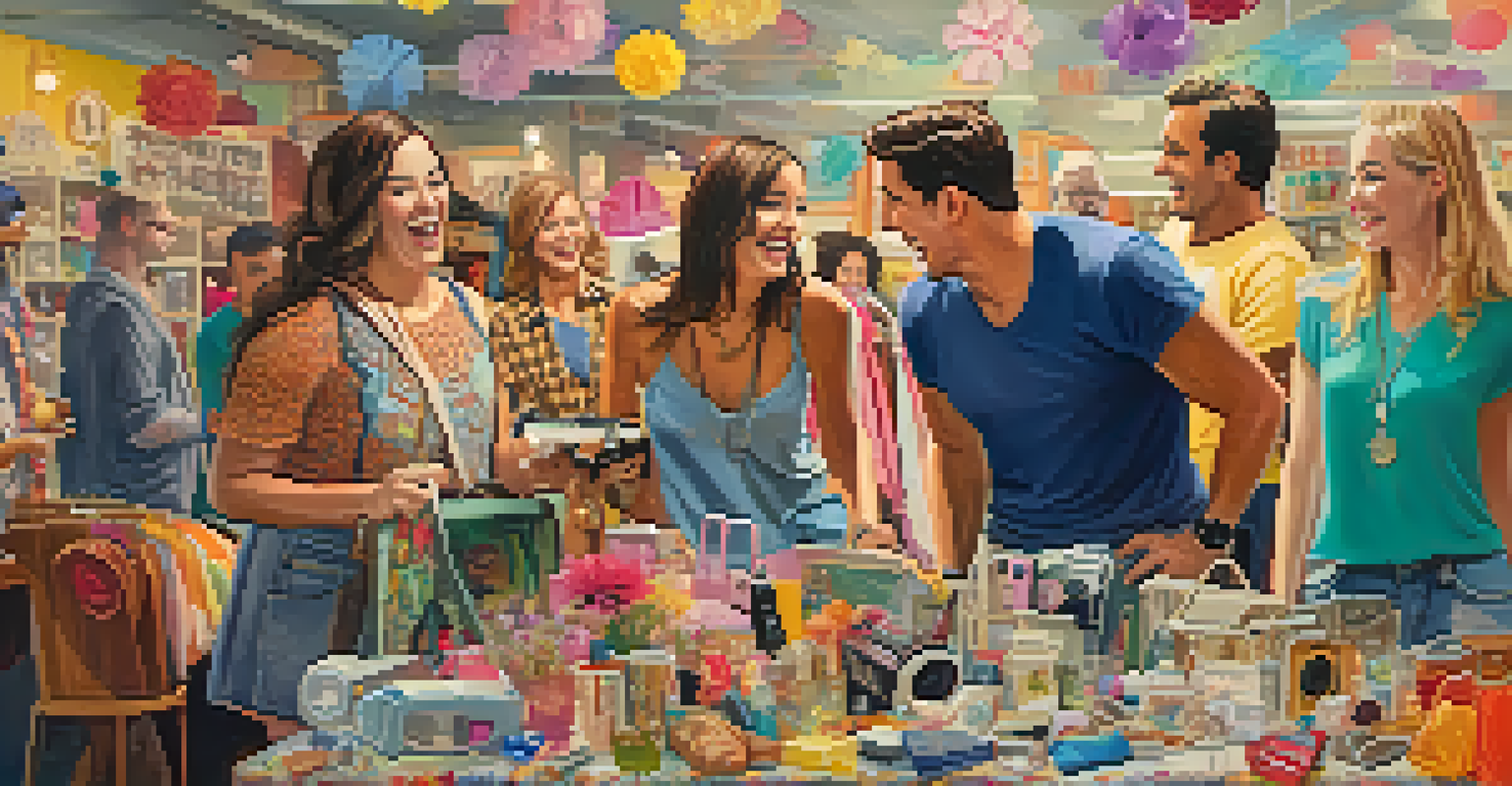 A group of friends enjoying thrift shopping together, laughing and showcasing their finds in a colorful store.