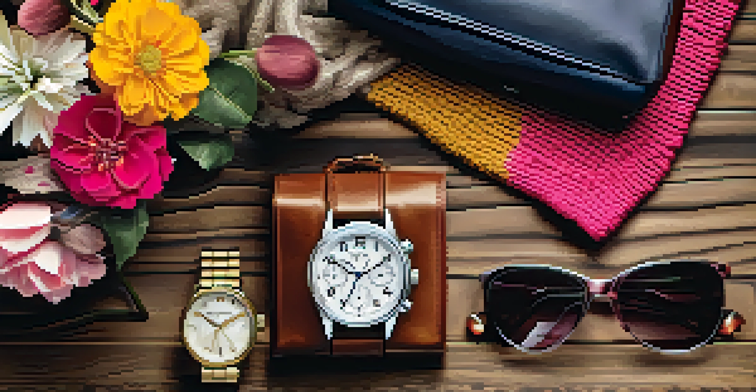 A flat lay of fashion accessories, including a handbag and sunglasses, on a wooden table with flowers.