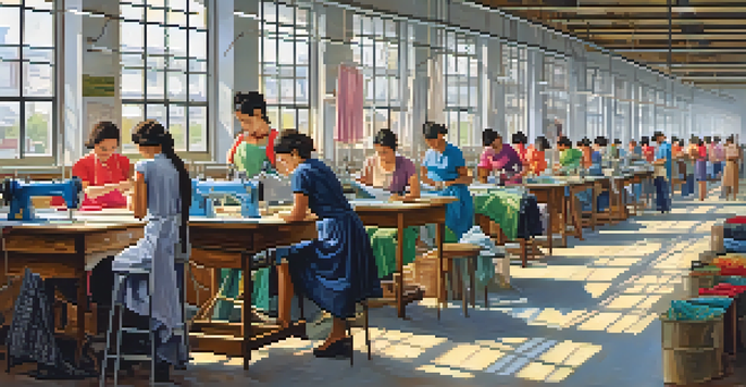 A bright clothing factory with workers sewing garments, sunlight streaming through windows, colorful fabrics, and posters promoting sustainability.