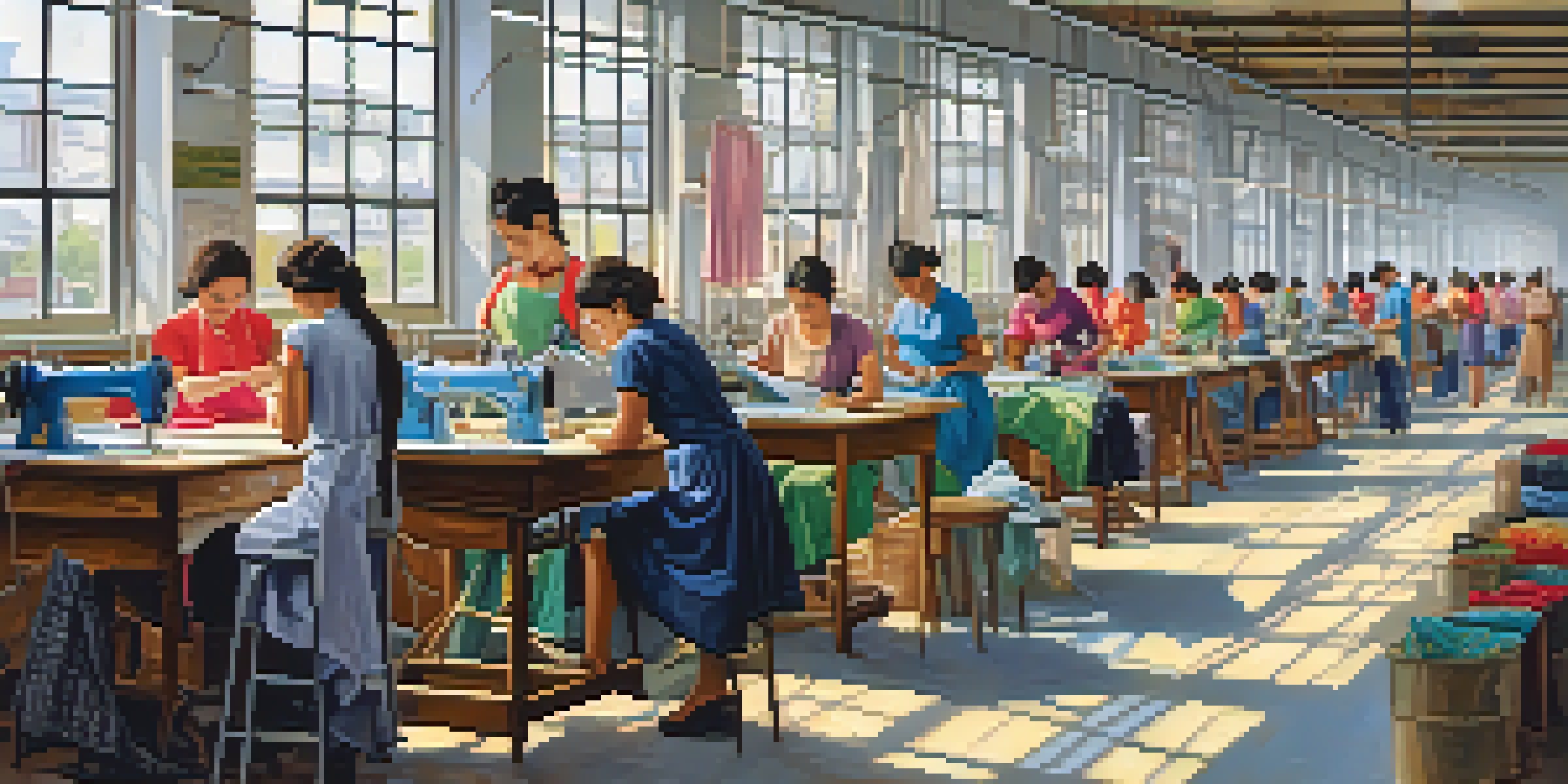 A bright clothing factory with workers sewing garments, sunlight streaming through windows, colorful fabrics, and posters promoting sustainability.