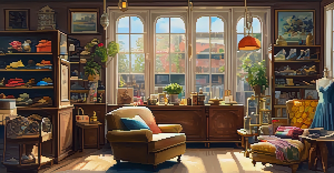 A cozy thrift shop with vintage clothing and decor items, soft natural light illuminating the space.