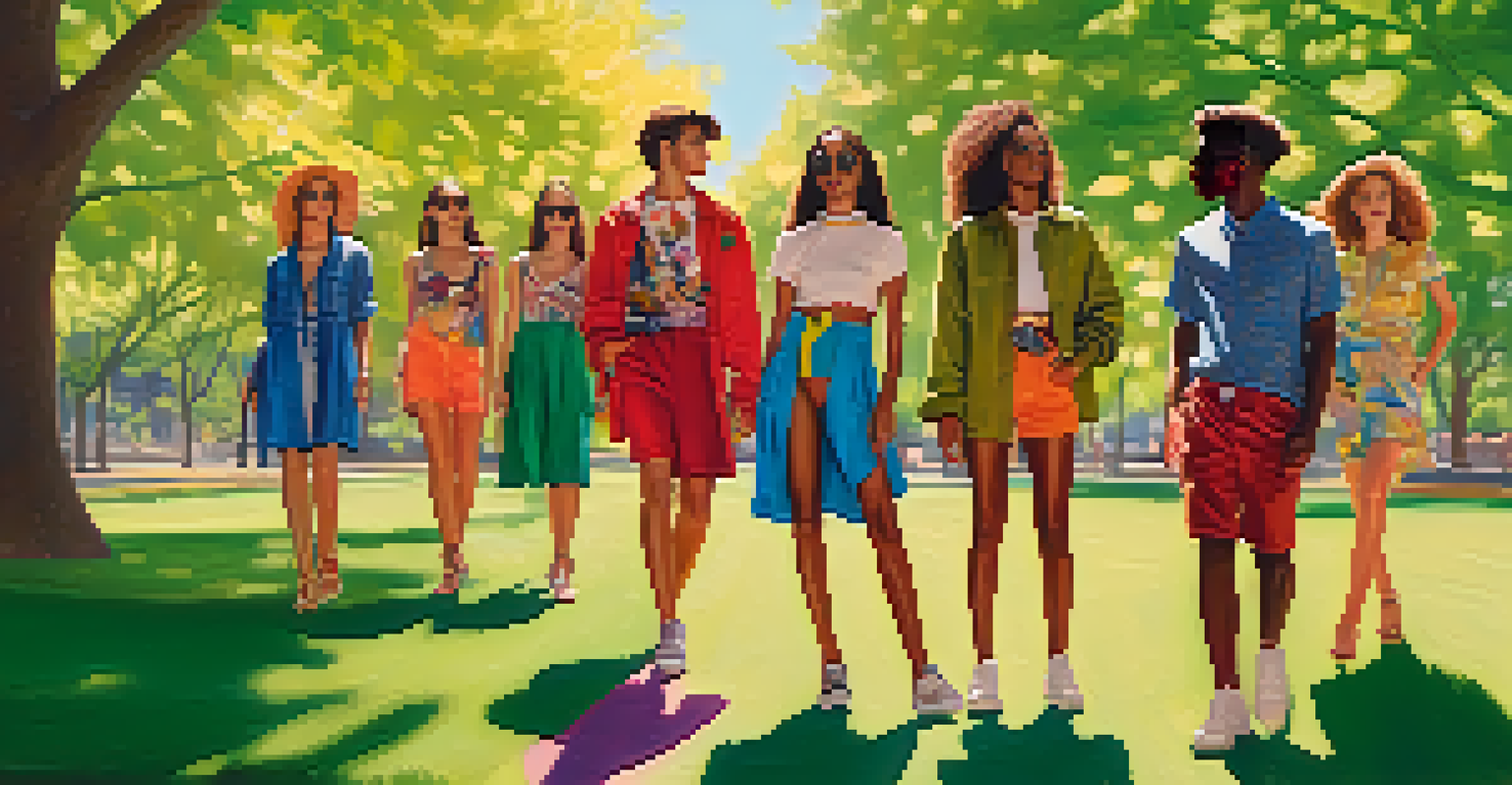 A group of models in vibrant unisex clothing posing in a lush green park during a sunny day.
