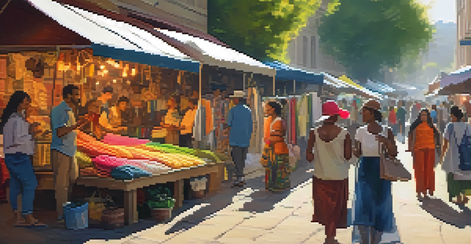A lively street market filled with diverse vendors selling sustainable fashion items, with shoppers of various backgrounds engaging with colorful stalls under warm sunlight.