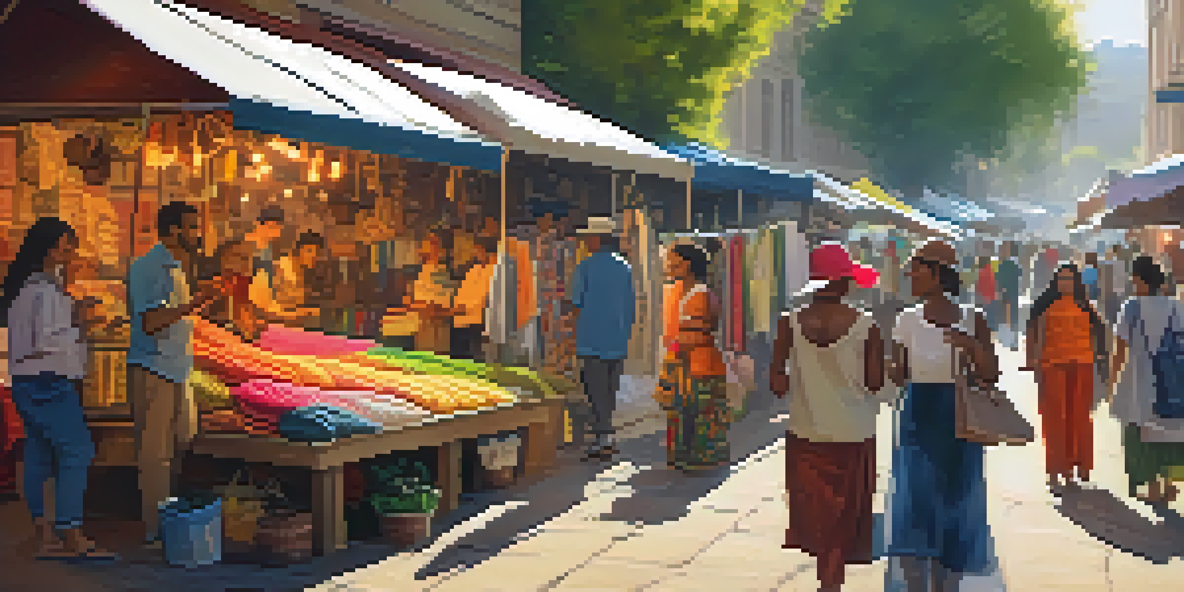 A lively street market filled with diverse vendors selling sustainable fashion items, with shoppers of various backgrounds engaging with colorful stalls under warm sunlight.