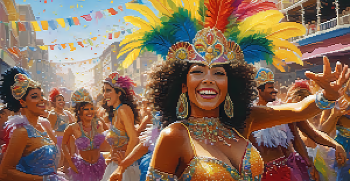 A lively Brazilian Carnival scene with dancers in colorful costumes and joyful spectators in the background, under a sunny sky.