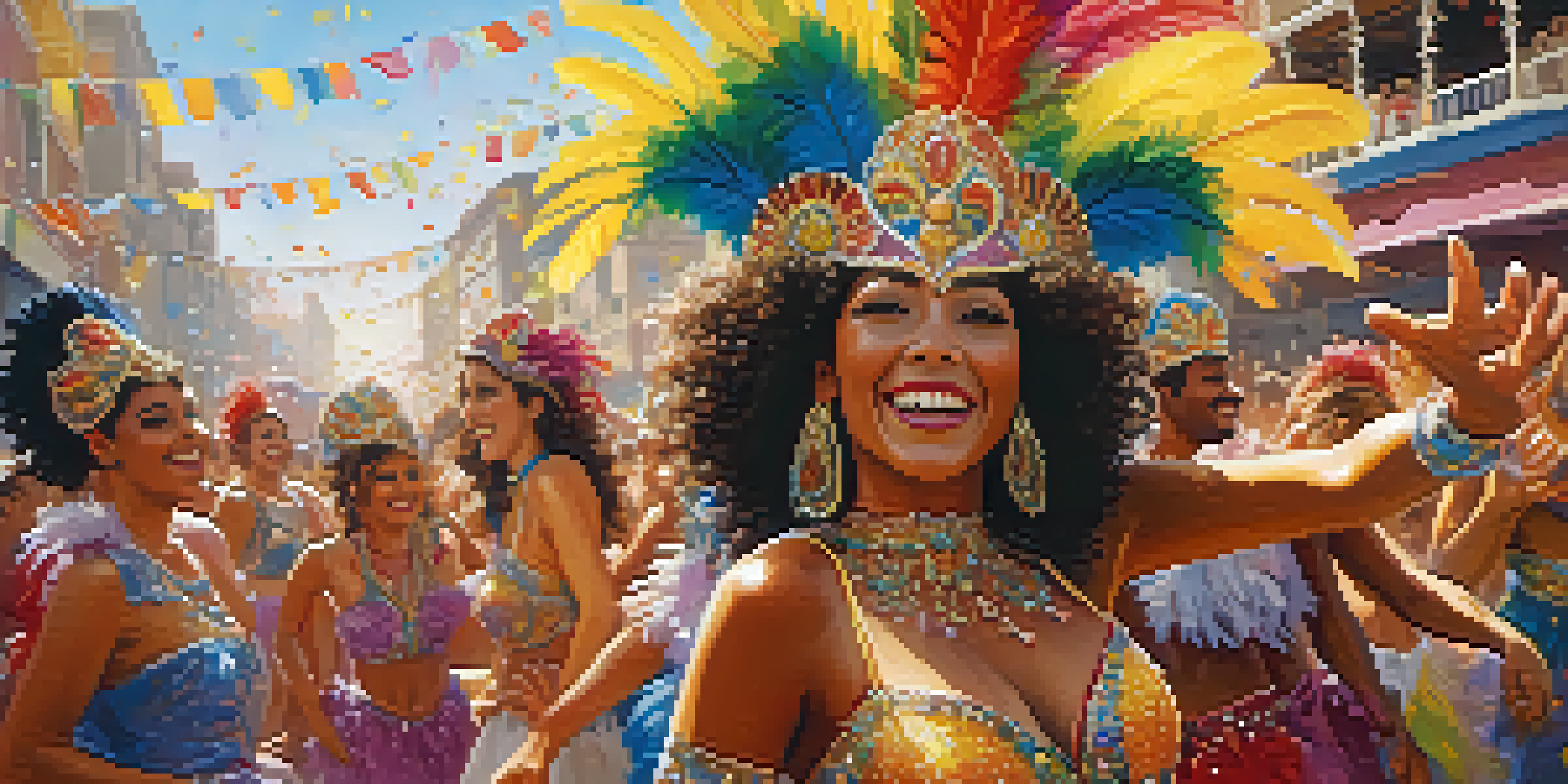 A lively Brazilian Carnival scene with dancers in colorful costumes and joyful spectators in the background, under a sunny sky.
