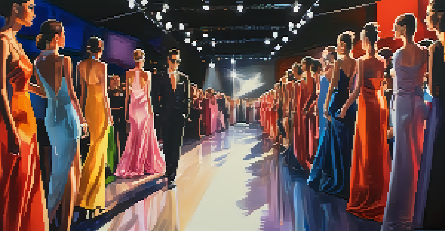 A fashion show runway with models displaying trendy outfits, illuminated by bright stage lights and an engaged audience.