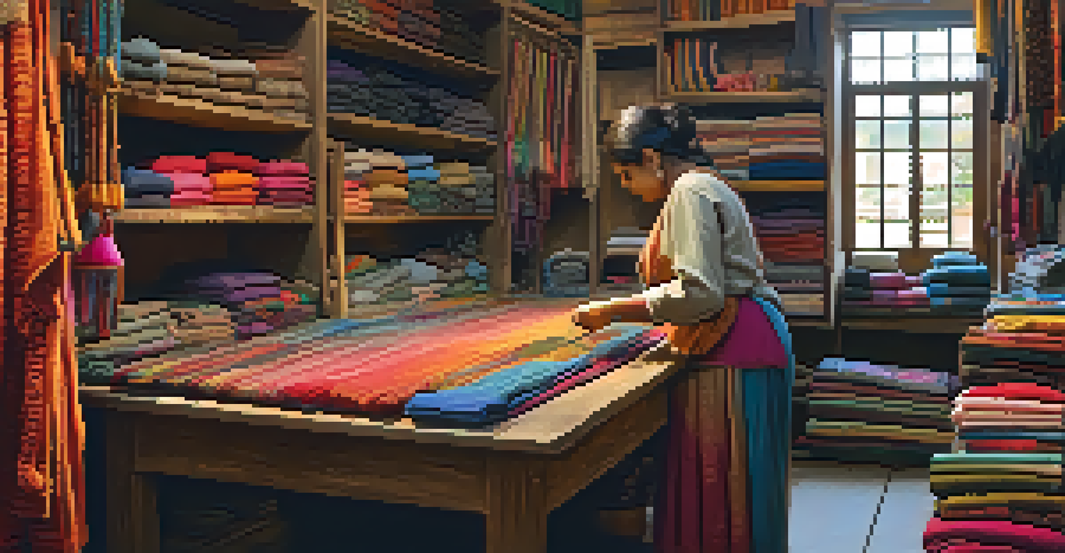 An artisan works in a workshop surrounded by traditional textiles and colorful threads, highlighting the beauty of craftsmanship.