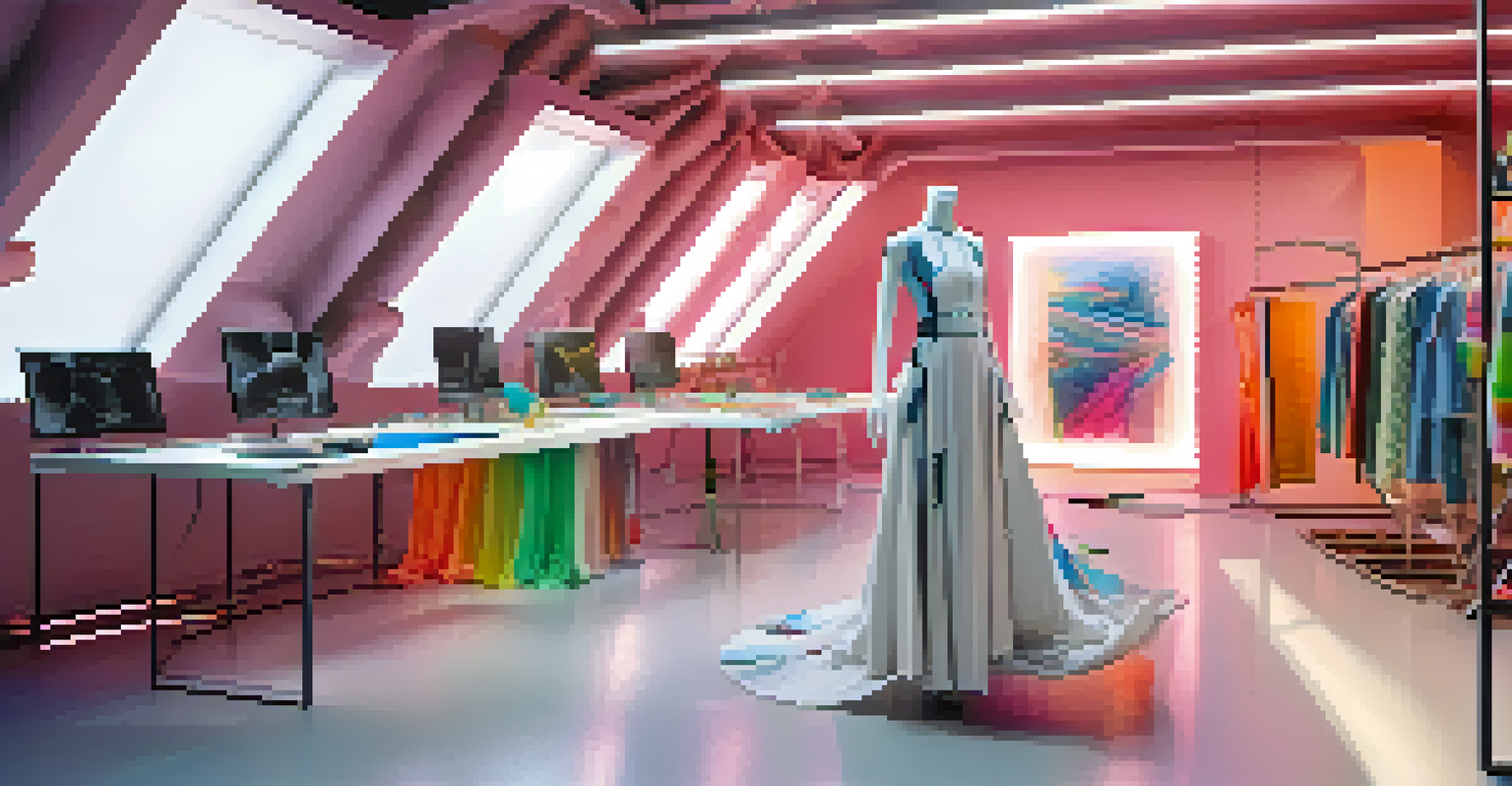 A modern fashion design studio with a designer using a 3D printer to create clothing from recycled materials, surrounded by samples of fabrics and digital screens displaying design concepts.