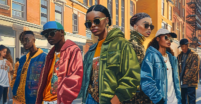 A dynamic street scene featuring diverse individuals in colorful streetwear, set against a vibrant urban backdrop with sunlight enhancing the textures of their outfits.