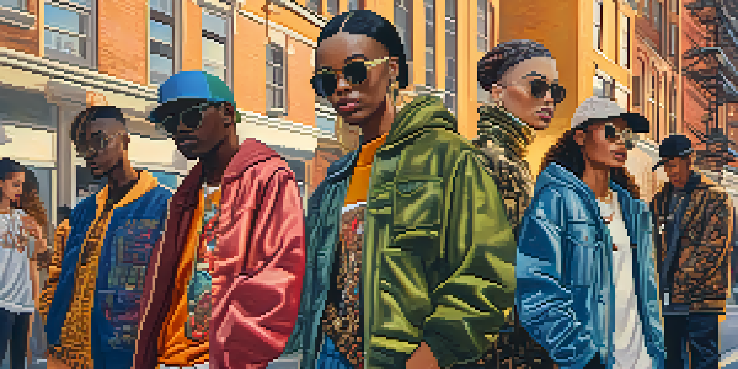 A dynamic street scene featuring diverse individuals in colorful streetwear, set against a vibrant urban backdrop with sunlight enhancing the textures of their outfits.