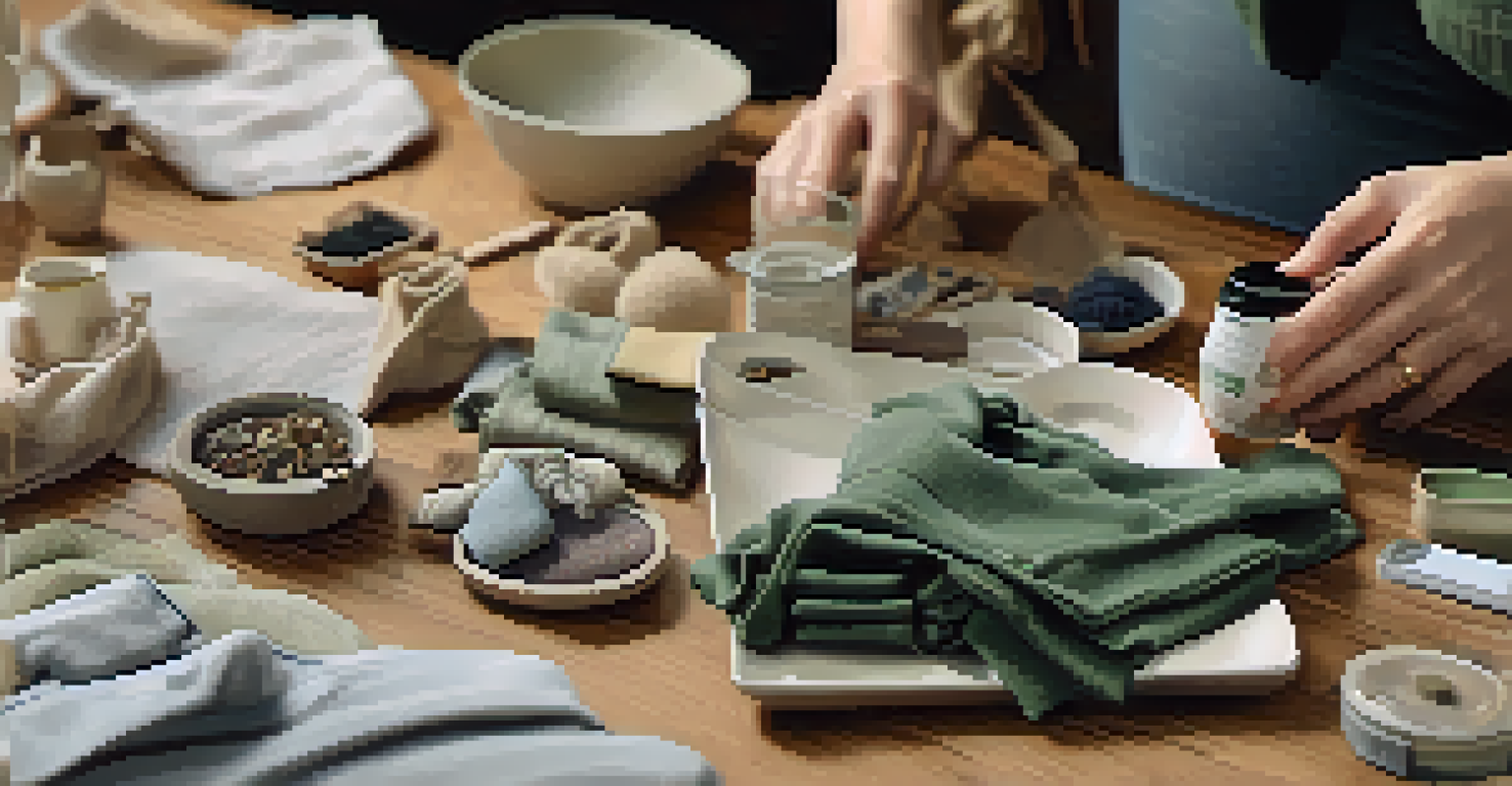 Close-up of hands sorting through a small collection of soft-colored clothing items on a wooden table.