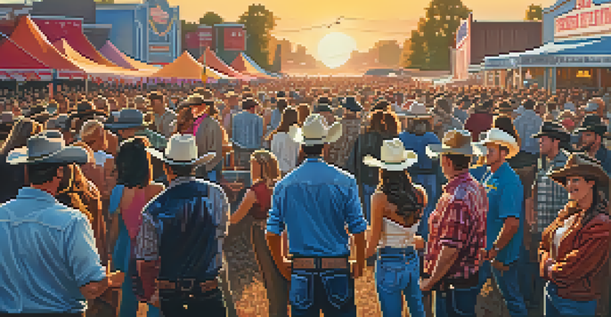 A lively country music festival with diverse attendees in colorful Western outfits, enjoying a performance on stage during sunset.