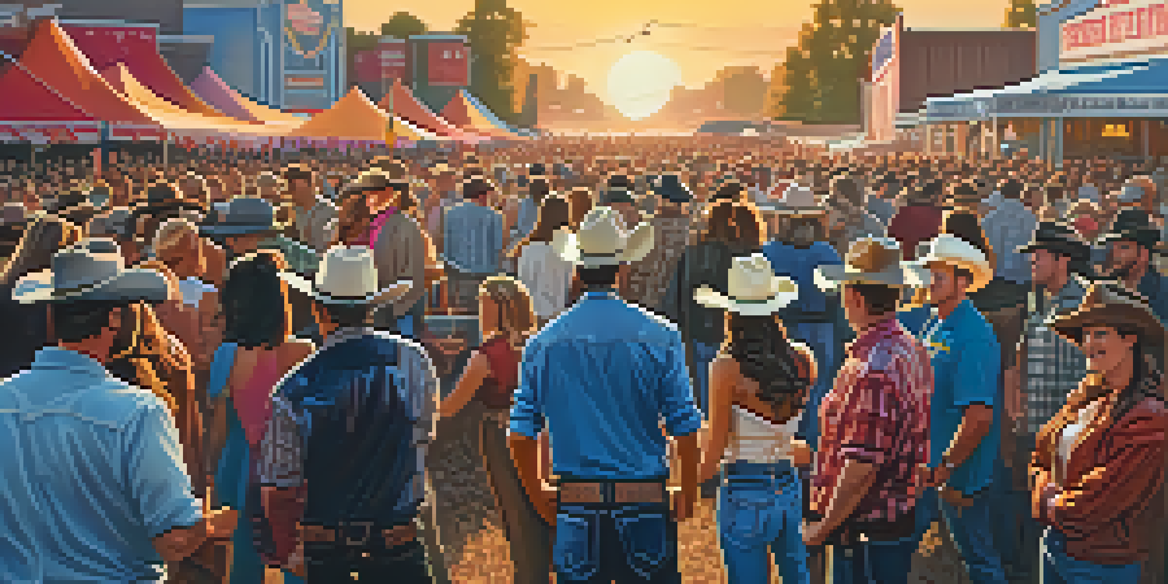 A lively country music festival with diverse attendees in colorful Western outfits, enjoying a performance on stage during sunset.