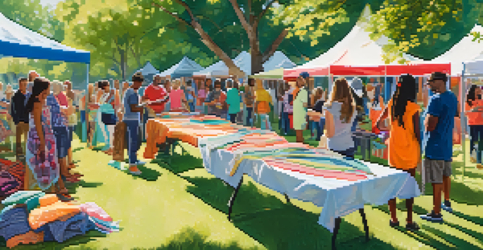 A lively community clothing swap event with people exchanging clothes in a park, surrounded by trees and colorful banners.