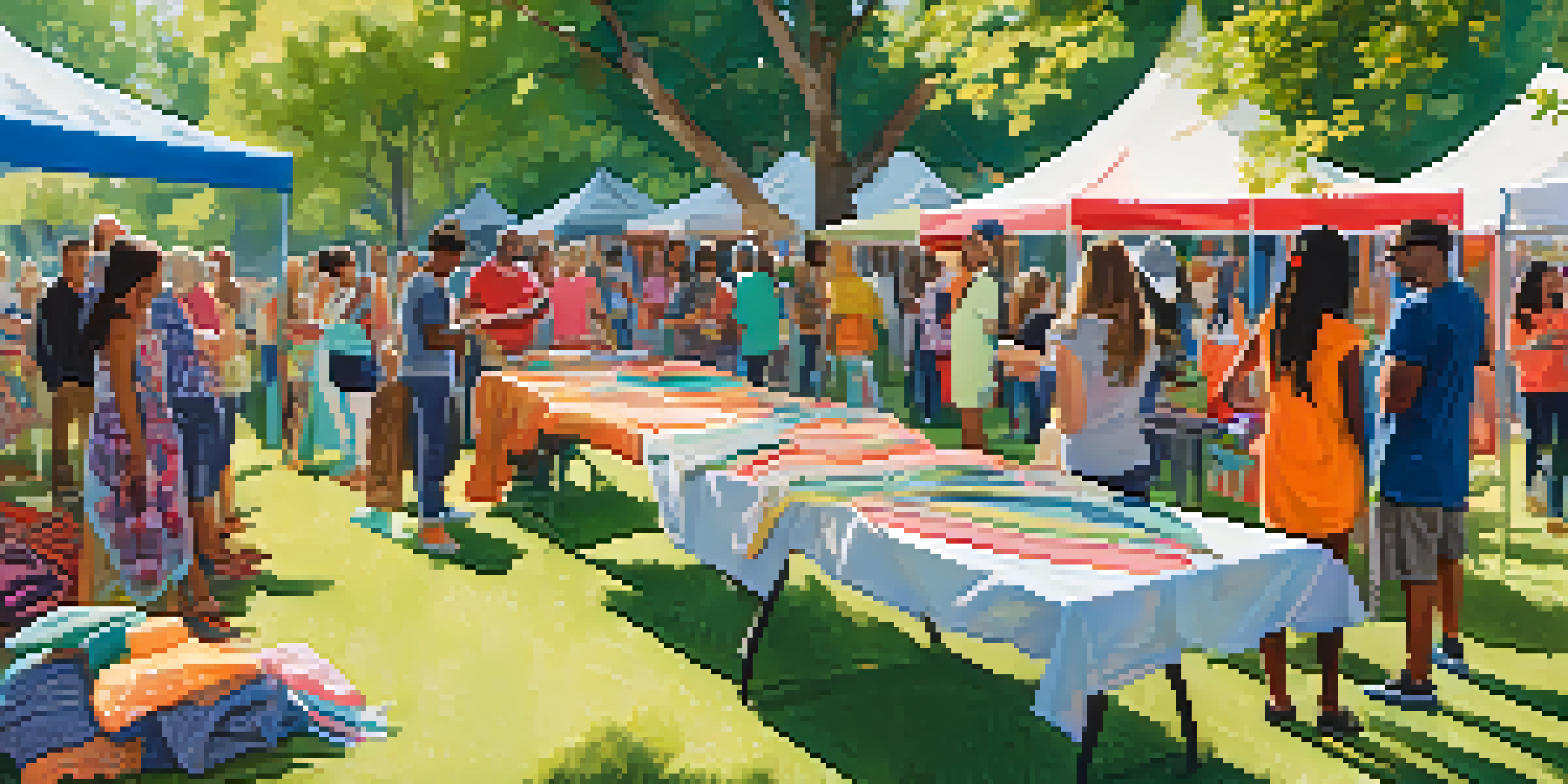 A lively community clothing swap event with people exchanging clothes in a park, surrounded by trees and colorful banners.