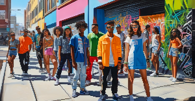 A lively street scene with young adults dressed in colorful and trendy outfits, surrounded by graffiti art and bright sunlight.