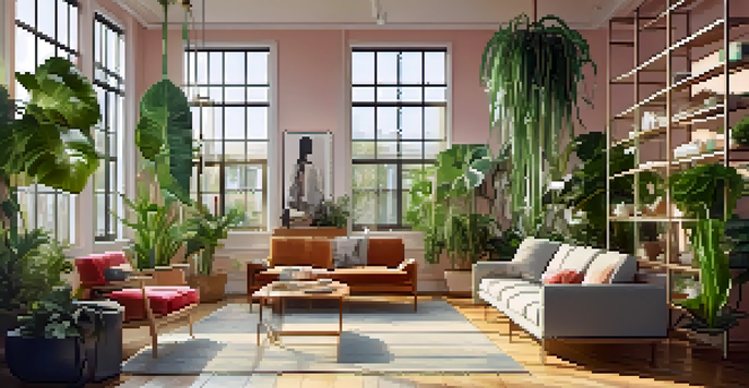 A bright room filled with indoor plants and modern furniture, featuring colorful outfits displayed on racks under natural light.