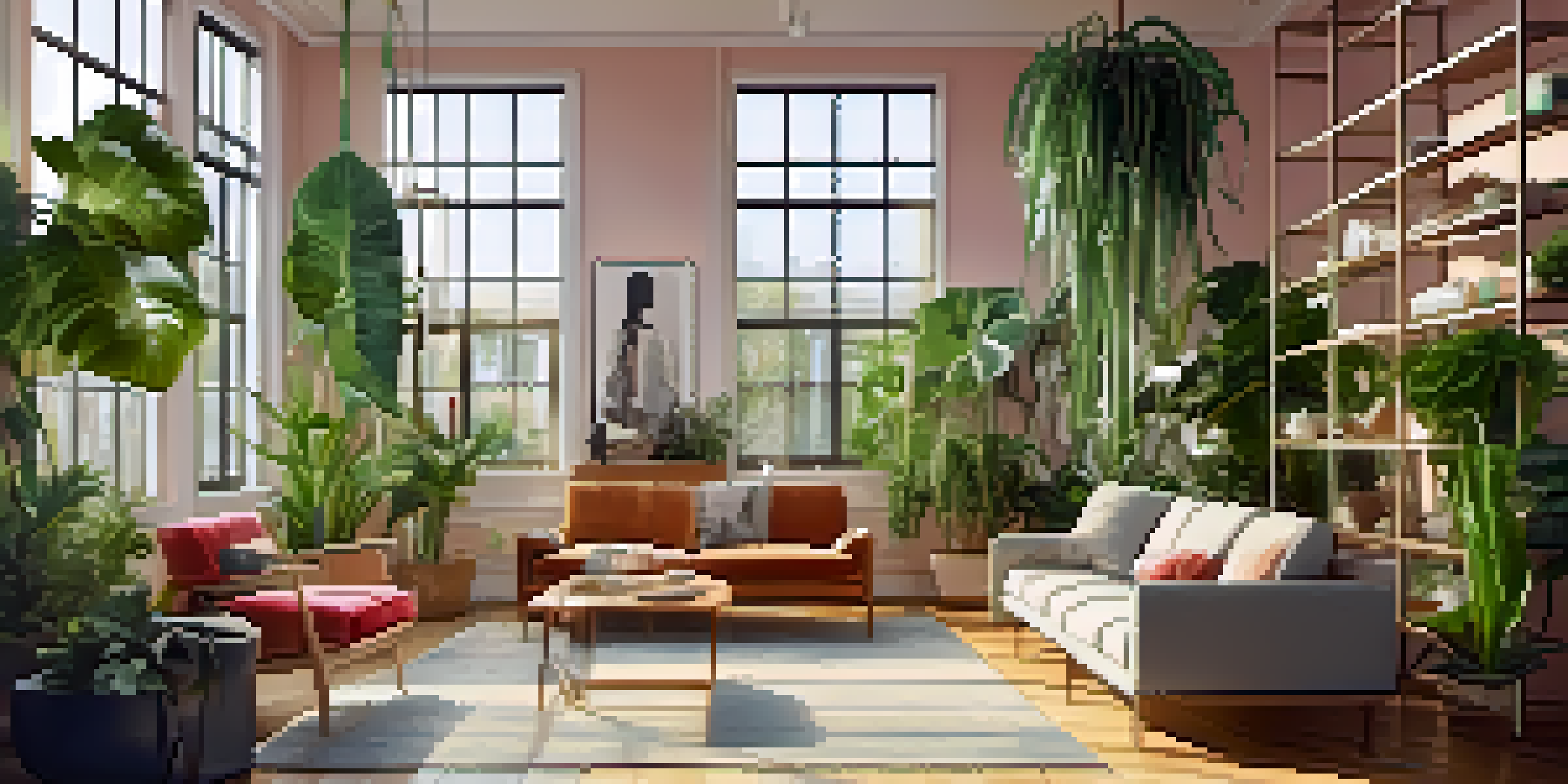 A bright room filled with indoor plants and modern furniture, featuring colorful outfits displayed on racks under natural light.
