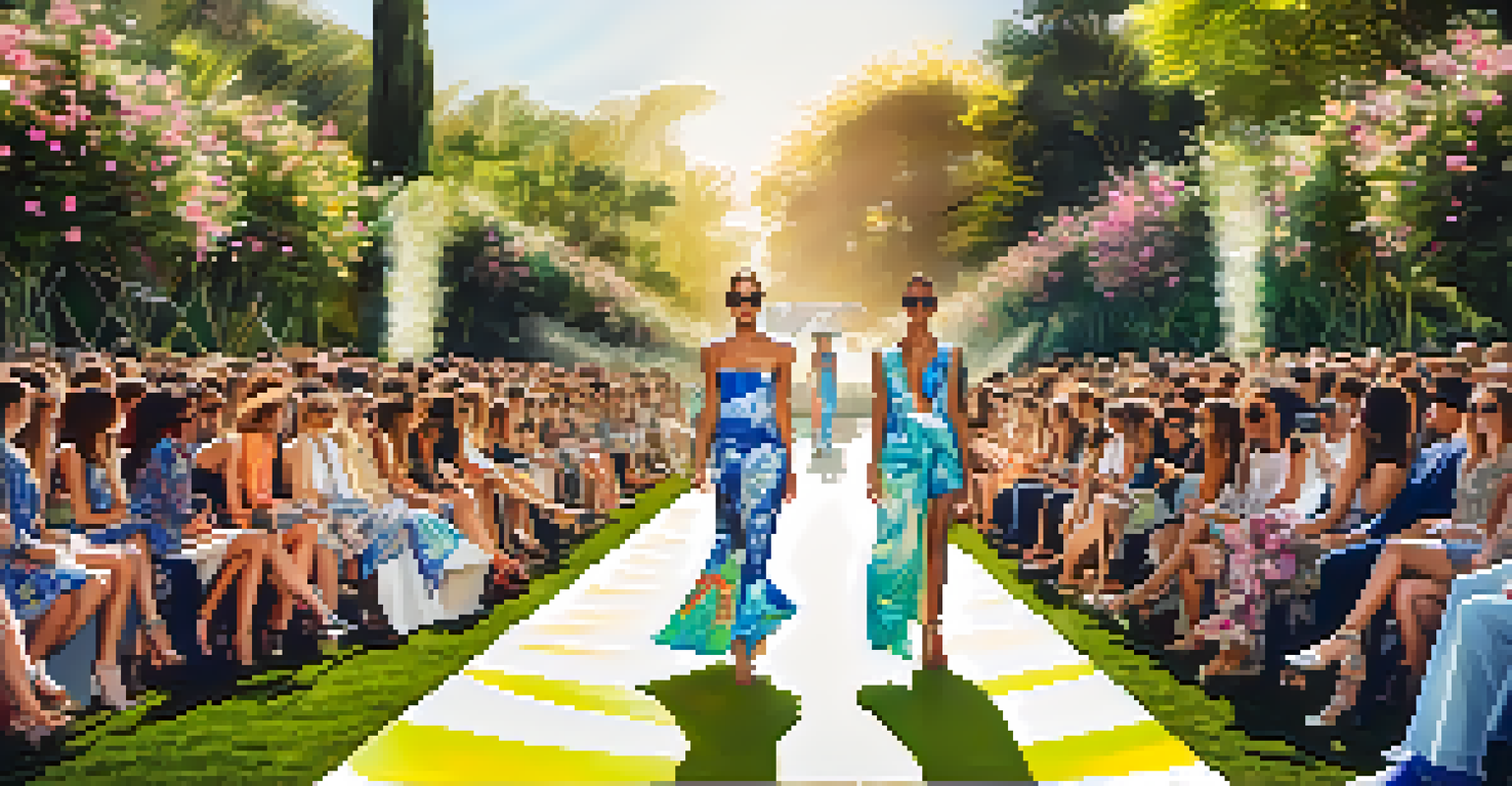Models showcasing unique digitally printed clothes at an outdoor fashion show in a beautiful garden setting.
