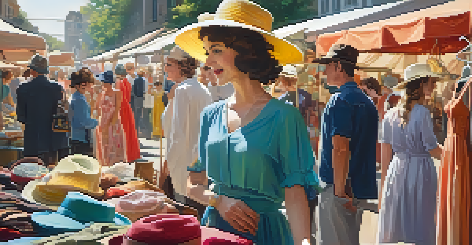 A bustling thrift market scene with people browsing vintage clothing stalls, a young woman trying on a retro hat in the foreground, and sunlight creating a cheerful atmosphere.