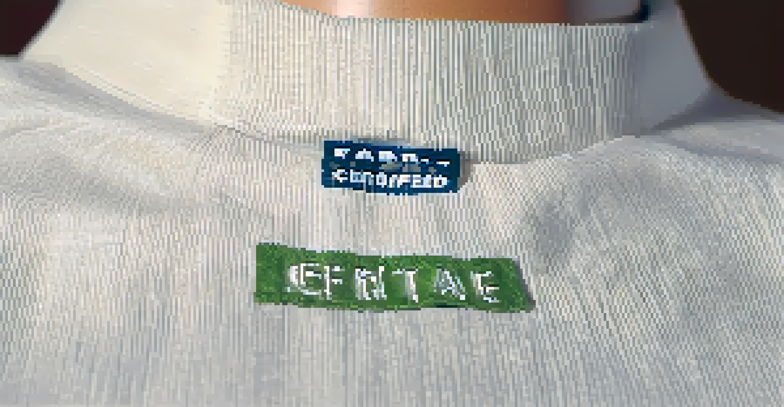 A close-up of a clothing label that says 'Fair Trade Certified' on an organic cotton shirt, with a blurred green background.