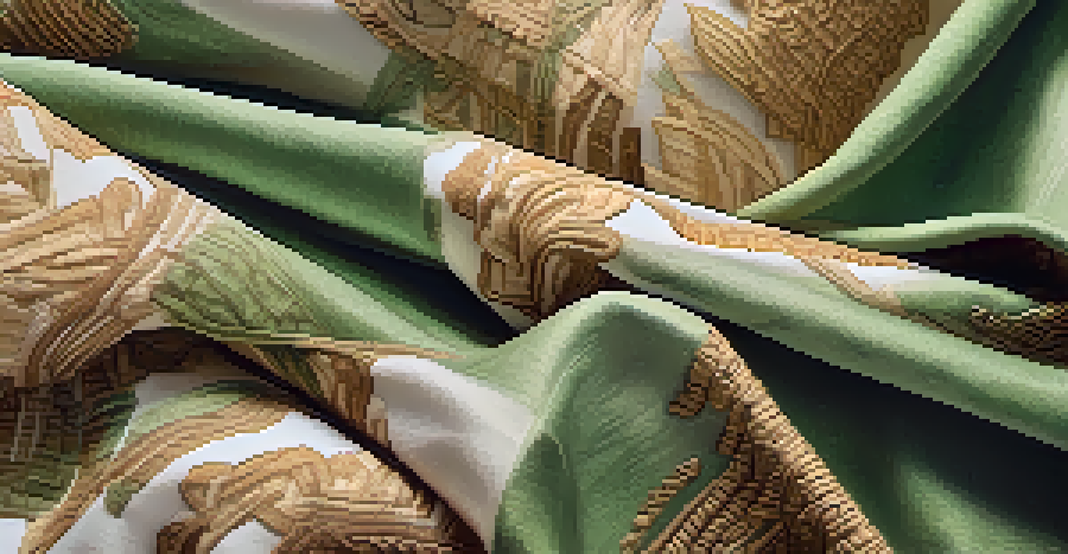 A close-up of sustainable fashion garments showcasing intricate patterns and textures in earthy tones, illuminated by natural light.