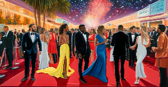 Celebrities on a red carpet wearing eco-friendly fashion with meaningful messages, surrounded by bright lights and photographers.