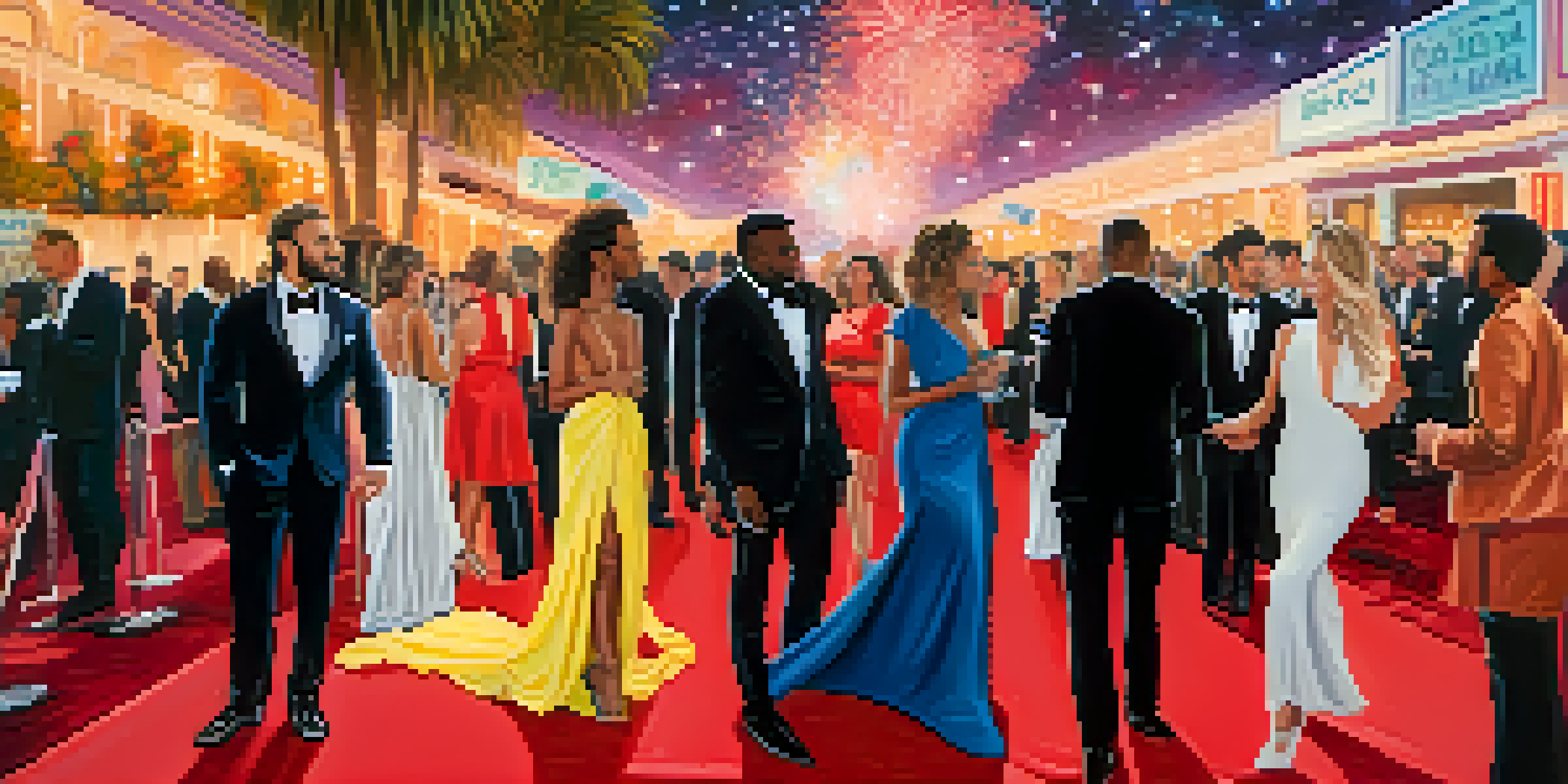 Celebrities on a red carpet wearing eco-friendly fashion with meaningful messages, surrounded by bright lights and photographers.