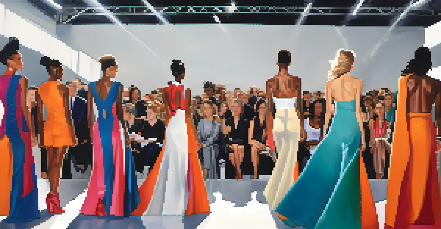 Models walk on a modern fashion runway wearing bold, avant-garde outfits, with dramatic lighting and a captivated audience in the background.