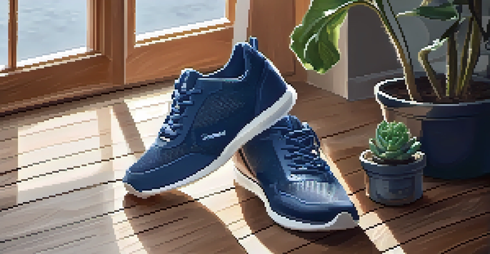 A pair of stylish navy blue and white active sneakers on a wooden floor with natural light, a potted plant and a yoga mat in the background.