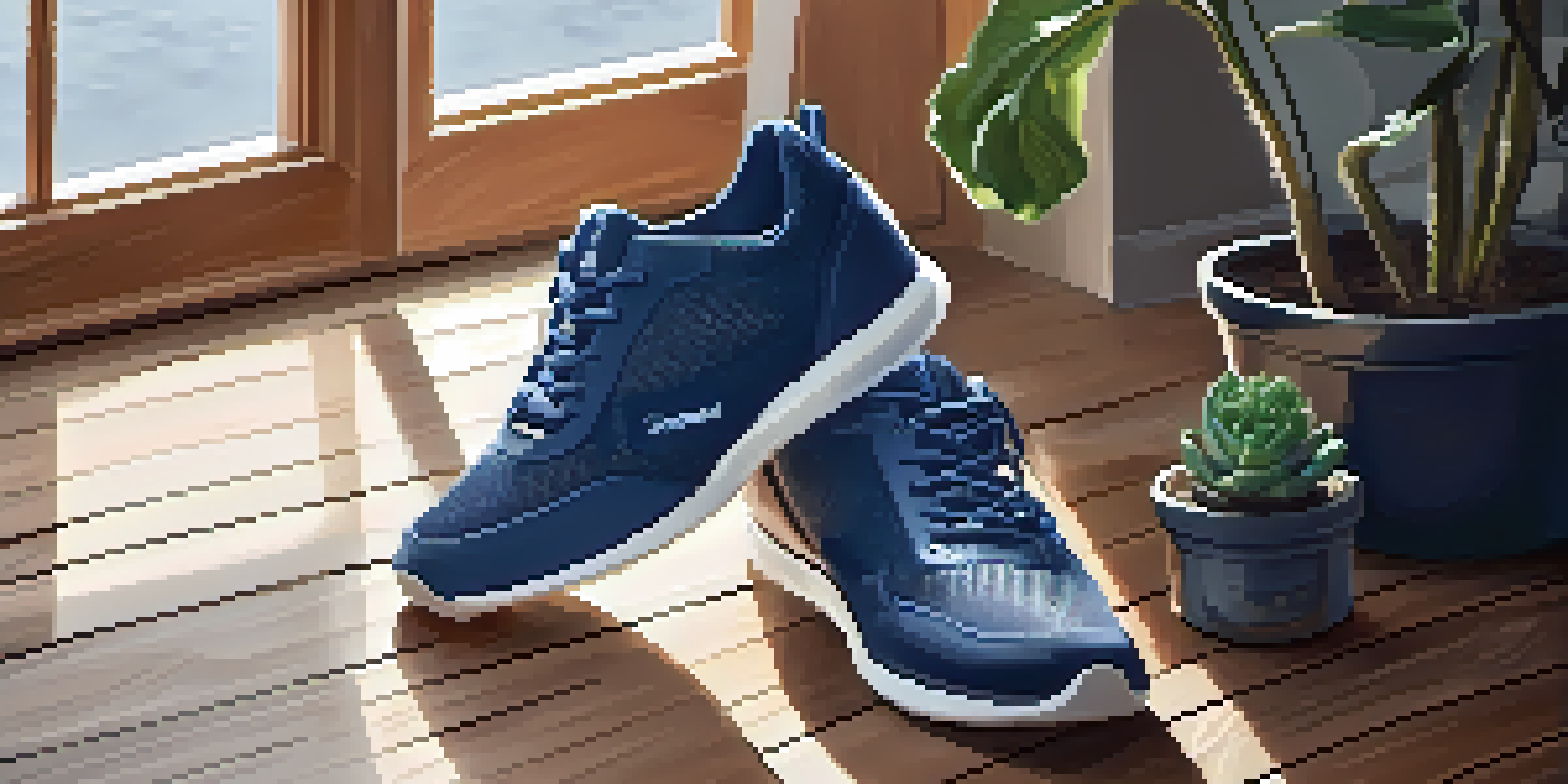A pair of stylish navy blue and white active sneakers on a wooden floor with natural light, a potted plant and a yoga mat in the background.